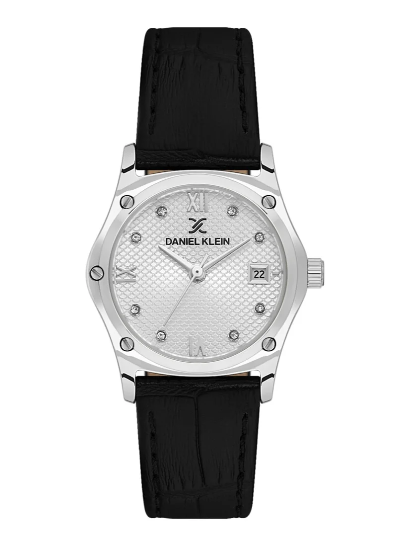DANIEL KLEIN Women's Leather Silver Brass Case Analog Silver Round Emboss Dial Japanese Quartz Premium 30 Meters Water Resistant